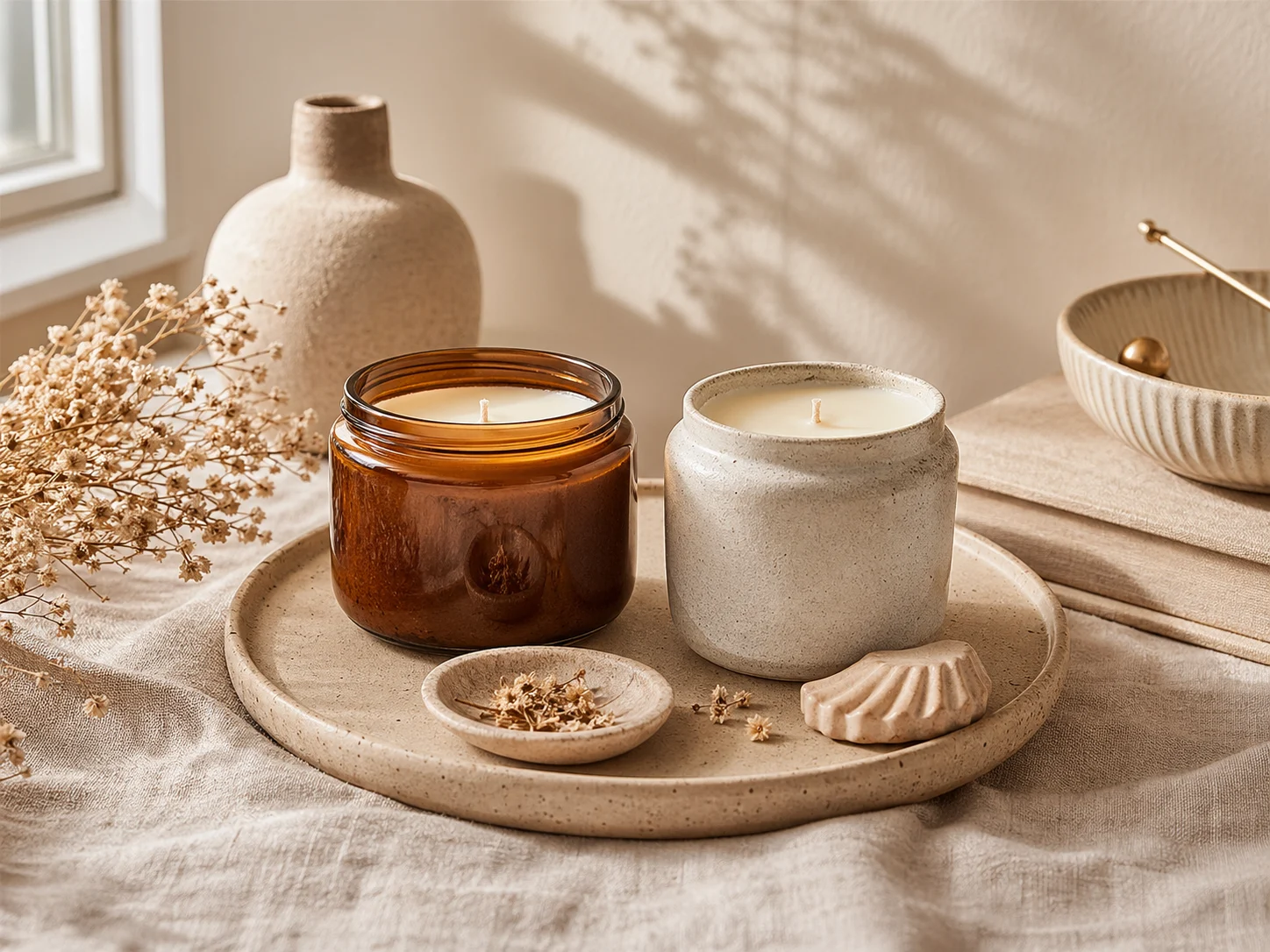 AI candle product photography showing handmade candle jars in a warm home decor lifestyle scene