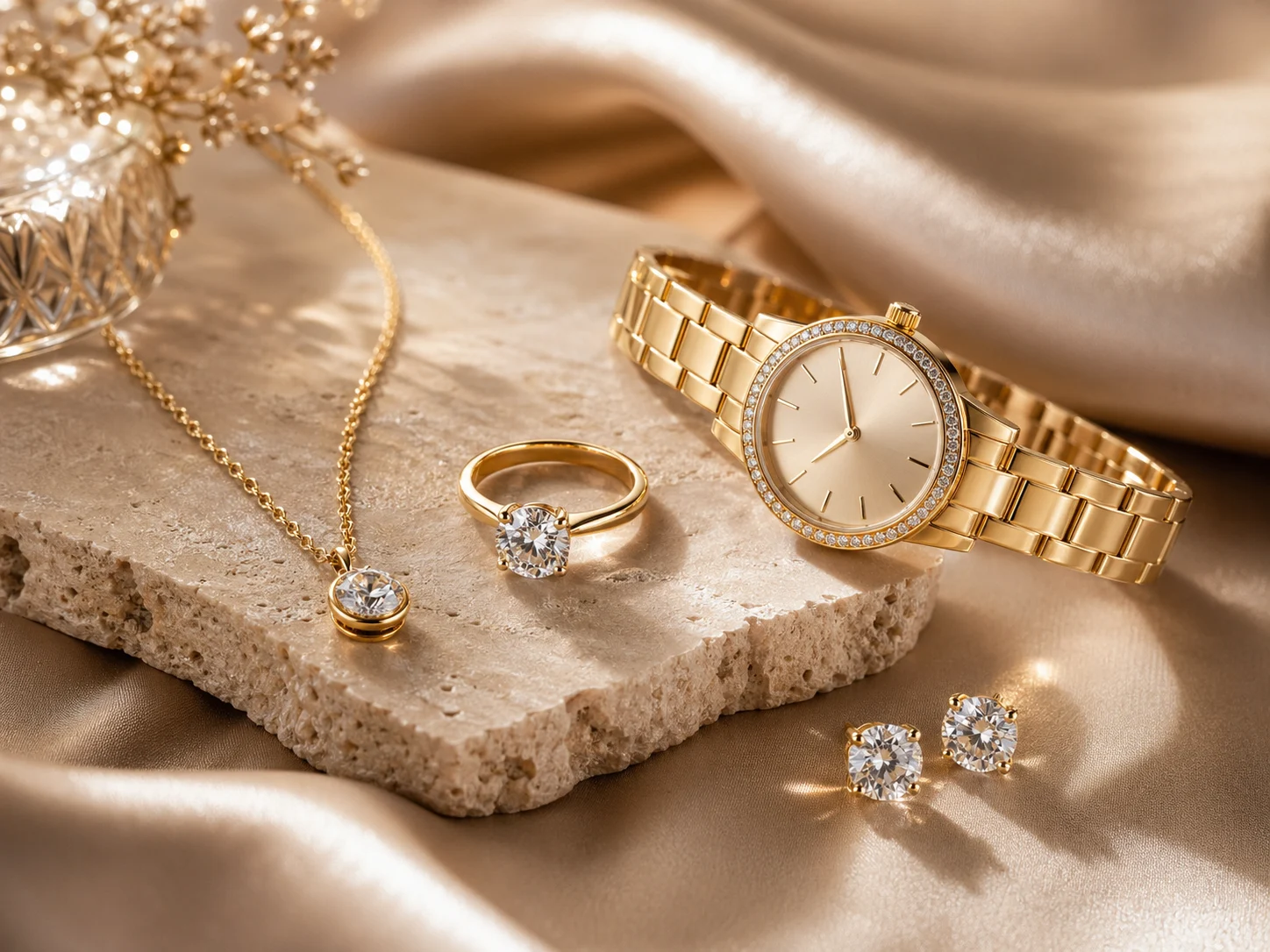 Fotografia di prodotti di gioielleria AI che mostra un orologio, un anello e una collana d'oro su una superficie di pietra di lusso