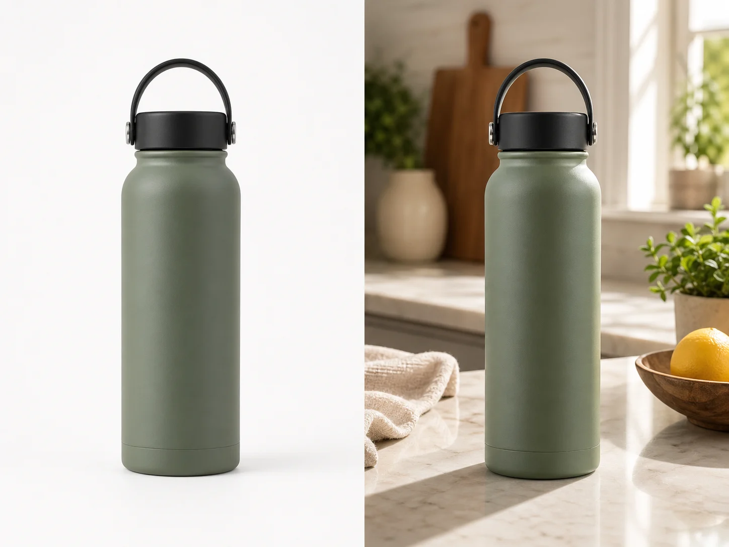 AI product photo to lifestyle image transformation showing a plain product photo converted into a kitchen lifestyle scene